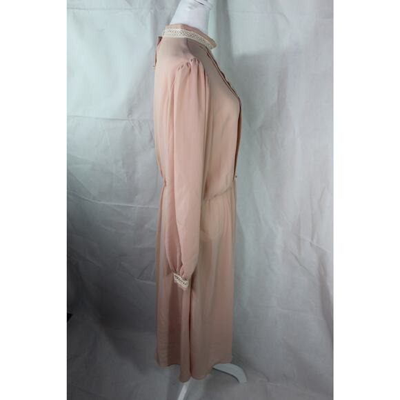 Vintage 80s Prairie Style Core Dress Coral Pink Lantern Sleeve Mock Collar - Picture 15 of 15